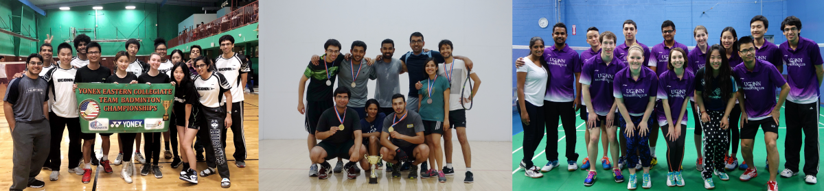 Three pictures of group of people. First picture and third pictures are group of people on the badminton court. Middle (second) picture is a group of people in a racquetball court.